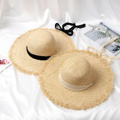 草帽女夏天蕾絲綁帶遮陽帽子韓國拉菲草大檐防曬帽百搭度假沙灘帽