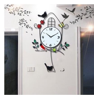 【超夯】【彩色小鳥 黑葉子牆貼】創意掛鐘客廳歐式裝飾鐘錶小鳥田園時鐘CRD