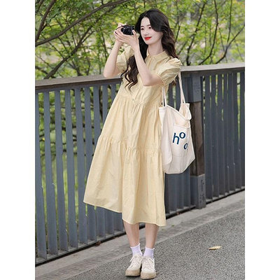 日韓學院風淡黃色洋裝女設計感小眾氣質甜美初戀長裙子