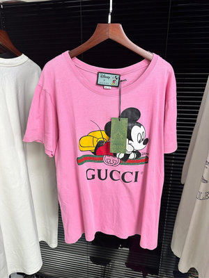 古馳Gucci米奇腰帶logo條紋粉色短袖T恤寬