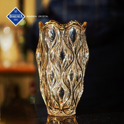 北歐創意 玻璃 家居裝飾新品BOHEMIA捷克進口波西米亞水晶玻璃花瓶描金臺面居家裝飾花瓶