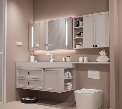 現代奶風杜邦可麗耐一體盆馬桶膚感人造石浴室柜組合洗手臺 自行安裝