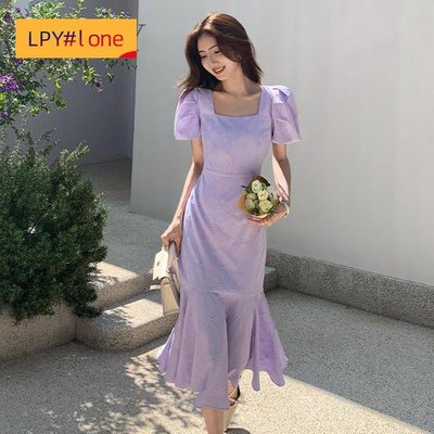 修身修身方領洋裝女裝設計泡泡袖長洋裝【LPY#lone】