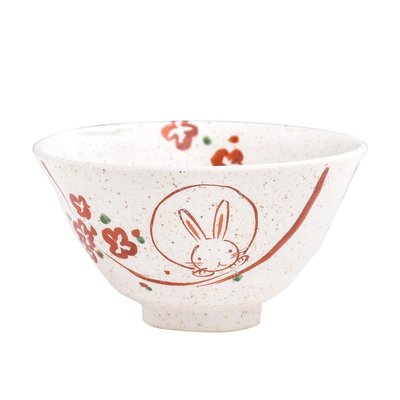 【熱賣下殺】日本制美濃燒手繪粗陶風花可愛兔子米飯碗家用套碗小碗