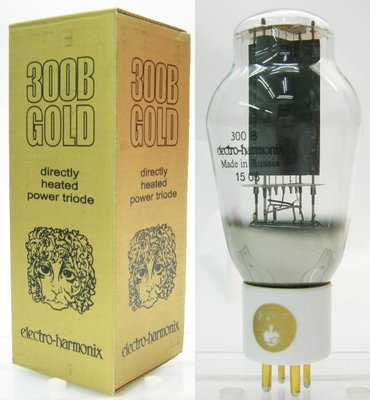 300B (NIB) ︽NO:3002 蘇聯 EH 300B 真空管 彈簧吊燈絲型 鍍金腳 白色底座 金字 金盒
