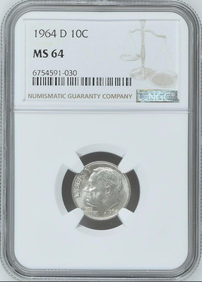 [NGC MS64] 美國 1964年 10分 銀幣 羅斯福
