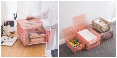 (一組三個)折疊零食收納盒/ 透明塑料整理箱透明箱子折疊收納箱/整理箱/儲藏箱/可折疊/衣物整理箱