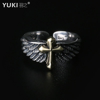 眾信優品 YUKI男士925純銀戒指天使十字架食指戒子情侶飾品情人禮物INS歐美SP3343