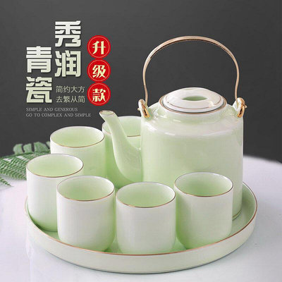功夫茶具套裝 家用大容量青瓷 提梁壺泡茶杯茶盤陶瓷托盤茶壺