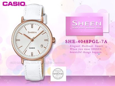 CASIO 卡西歐 手錶專賣店 SHE-4048PGL-7A 女錶 指針錶 真皮錶帶 白 防水 施華洛世奇水晶
