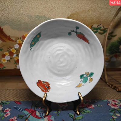 【二手】日本回流    芝麻釉彩繪深盤  菜盤 水果點心盤 古玩 老貨 瓷器 【探幽坊】-2817