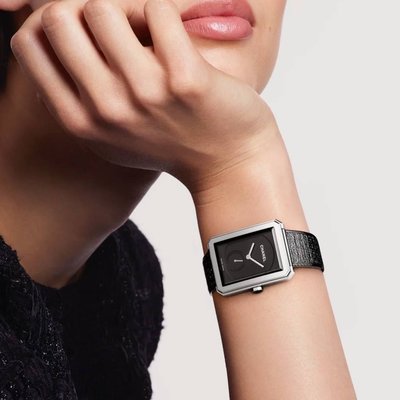 小巴黎二手名牌真品Chanel boyfriend 大號機械錶 有保卡 不鏽鋼毛呢錶帶