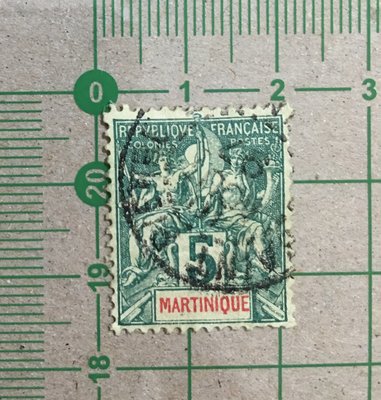 【郵卡庫2】【百年票】馬丁尼克(法)1892年SC36，5分航海與商務女神，舊票背貼 SP3618