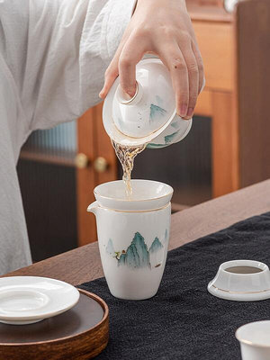 羊脂玉白瓷功夫茶具配件公道杯茶海德化陶瓷描金過濾組茶道分茶器