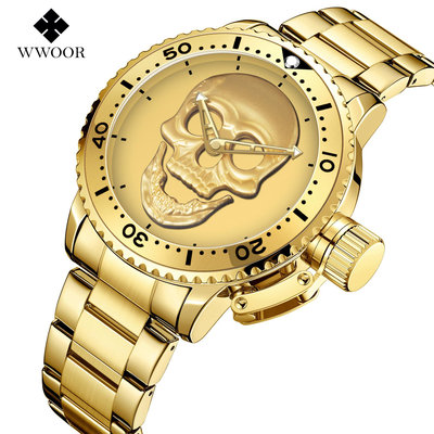 男士手錶 WWOOR/鋼帶骷髏頭跨境手錶石英圓錶盤歐美時尚網紅防水男士款手錶