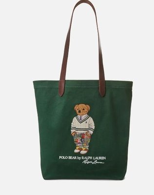 代購Polo Ralph Lauren Cotton經典熊刺繡logo綠色書袋托特包