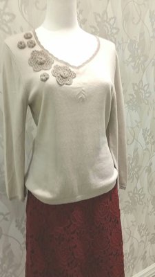 Laura Ashley洛拉 英國品牌針織棉長袖毛衣V領蕾絲花朵米色