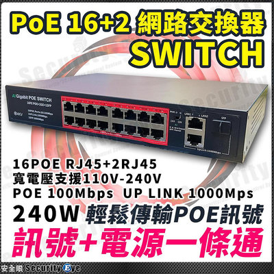16+2 POE SWITCH 交換器 交換機 16路 18路 路由器 光纖 SFP 分享器 千兆 1000Mbps 240W