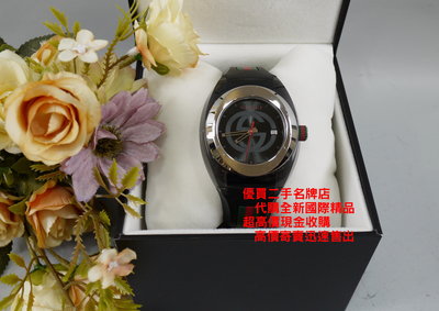 優買二手精品名牌店 GUCCI GG LOGO SYNC  46MM 黑 橡膠 運動 綠紅綠 錶帶 石英 錶 手錶 新同