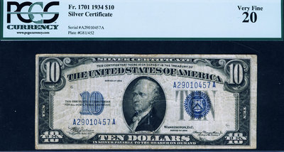 美國USA 1934年版 10美 (銀幣券)  PCGS 20 紙幣 紀念鈔 紙鈔【悠然居】1056