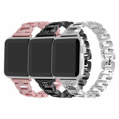 適用apple watch 5蘋果手錶 iwatch1/2/3/4/5不銹鋼金屬鑲鑽D字鍊式錶帶