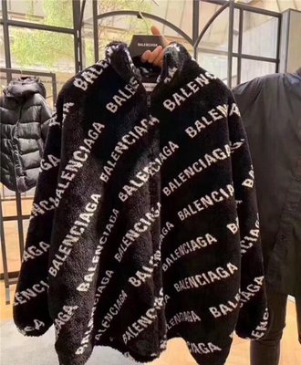 【BLACK A】精品Balenciaga 19秋冬新款黑色毛毛eco-fur環保皮草logo拉鍊外套oversized