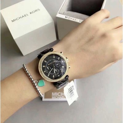 Michael Kors/ MK6107/金色晶鑽錶頭黑錶帶三眼計時日期女款手錶