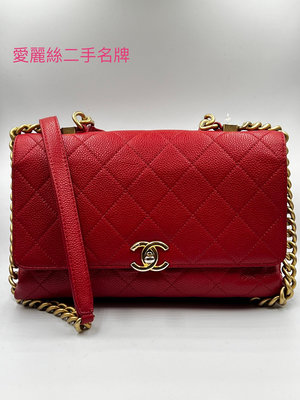 Chanel 紅色荔枝皮紋 菱格紋 金釦 金鍊 手提包 肩背包