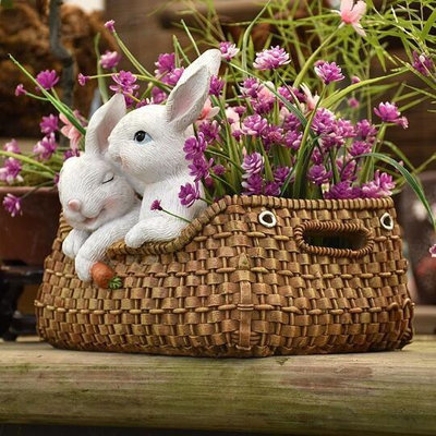 現貨 多肉花盆樹脂創意卡通可愛大口徑寬口長方形兔子動物造型花卉盆栽