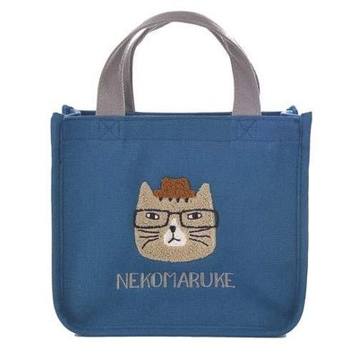 ˙ＴＯＭＡＴＯ生活雜鋪˙日本進口雜貨人氣NEKOMABUKE眼鏡貓咪臉型刺繡保溫冷手提袋便當袋手提袋 餐袋(預)