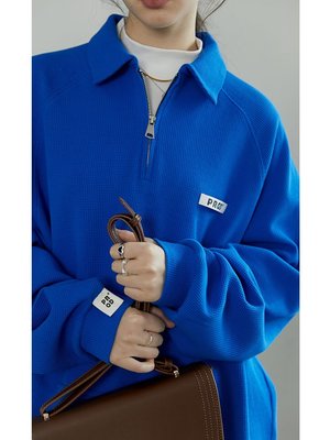 PROD獨立設計克萊因藍polo領拉鏈華夫格插肩袖衛衣女顯白春秋外套