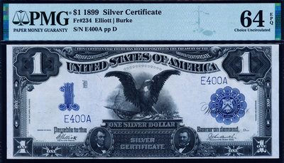 可議價美國 1899年1元 銀幣券(僅有三位數冠字號 黑鷹E400A) PMG 64 EPQ3305【懂胖收藏】 盒子幣 錢幣 紀念幣