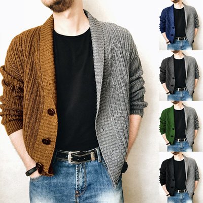 外貿男裝 外貿跨境 秋裝雙色休閒V領青年長袖外套 Color matching sweater