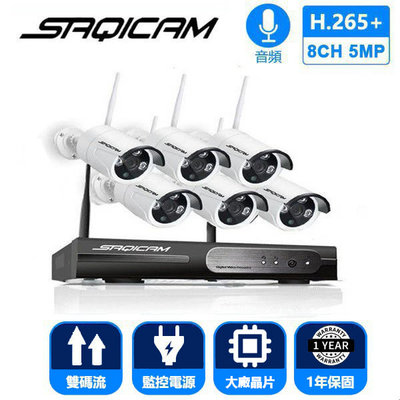 Saqicam 5MP無線監視器套餐 H.265 8路WIFI錄影主機NVR 1944P*6 雙碼流攝影機 錄音手機監控