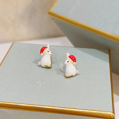 熱銷#Les Nereides 圣誕限量夢幻花園 圣誕帽小白兔珍珠耳環耳夾