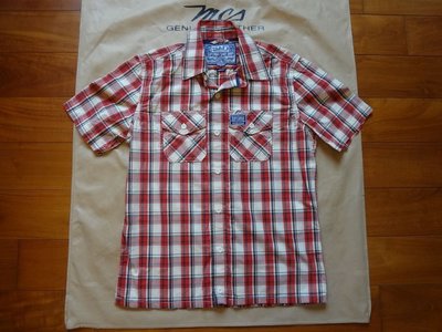 Superdry 極度乾燥 近新品原廠真品美式工裝風紅白格紋純棉春夏短袖襯衫M號(M027)