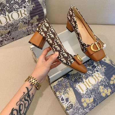 新店促銷 Dior 迪奧D字母粗跟單鞋女高跟鞋拼色老花職業上班女鞋方頭中跟單鞋