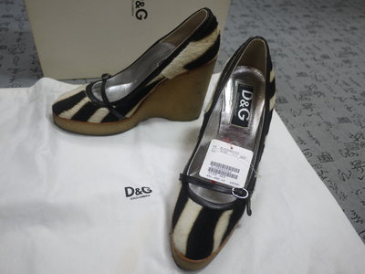 義大利製 DOLCE&amp;GABBANA D&amp;G 斑馬紋生膠底真皮楔型鞋 USA 6 EUR 36.5 JPN 23 CM