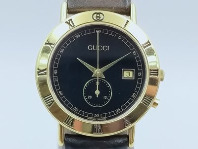【發條盒子H3801】GUCCI 古馳 鍍金黑面 石英兩針 日期顯示 計時器60秒30分 經典女錶 全原裝