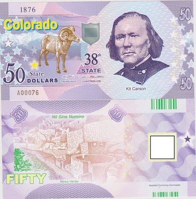 尚古全新2019年 美國 50 科羅拉多州 塑料鈔 第三十八州 基特·卡森