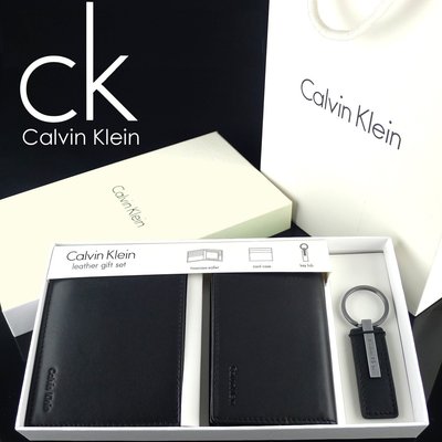 【Calvin Klein專櫃真品】美國原裝 CK 正品短皮夾+名片夾+鑰匙圈超值三件式禮盒組(附提袋)