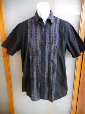 (二手)專櫃 ELLE 黑色短袖花紋襯衫 (XL)(B310)