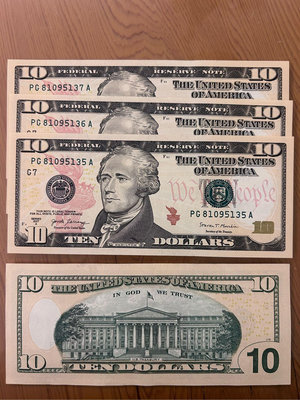 【晶晶收藏】美國 新鈔10元 美元 美金 2017年 鈔票 收藏品 可挑號 UNC