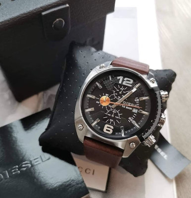 DIESEL Overflow黑色錶盤 棕色皮革錶帶 石英 三眼計時 男士手錶 DZ4204