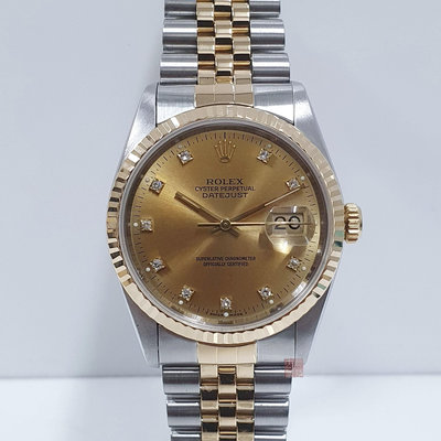 ROLEX 勞力士 16233 Datejust 蠔式日誌 經典錶款 金色十鑽面盤 錶徑36mm 大眾當舖L664