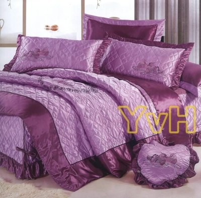 ==YvH==GeorgeTown 紫繡鴛鴦愛心 6x7尺特大七件式床罩組 絲緞刺繡 荷葉邊 心型抱枕(現貨)