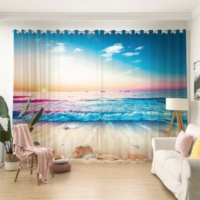 沙灘大海景藍天風景畫窗簾地中海兒童男孩臥室客廳陽臺落地窗紗簾