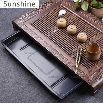[Sunshine]茶具 從簡黑檀木茶盤抽屜式家用雞翅實木大號茶臺功夫茶具儲水茶海托盤