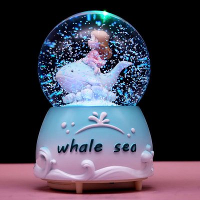 水晶球女孩子旋轉八音盒7-12歲生日藍鯨魚公主節禮物音樂擺件~特價