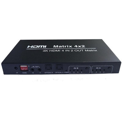HDMI矩陣4進2出4X2雙輸出光纖LR切換器分配器RS232串口控制